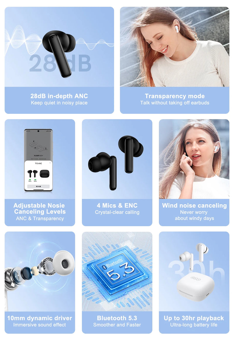 QCY T13 ANC Earphone Bluetooth 5.3 Active Noise Cancellation -28dB 
Wireless Headphone Fast Charge Earbuds 0.068' Low Latency